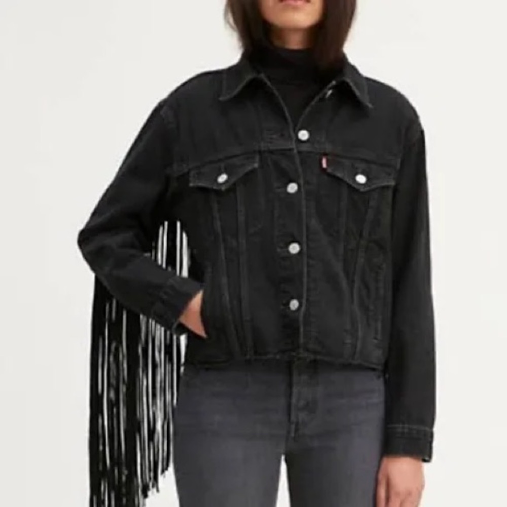 Levi's Black Fringe Ex Boyfriend Denim TruckerJacket